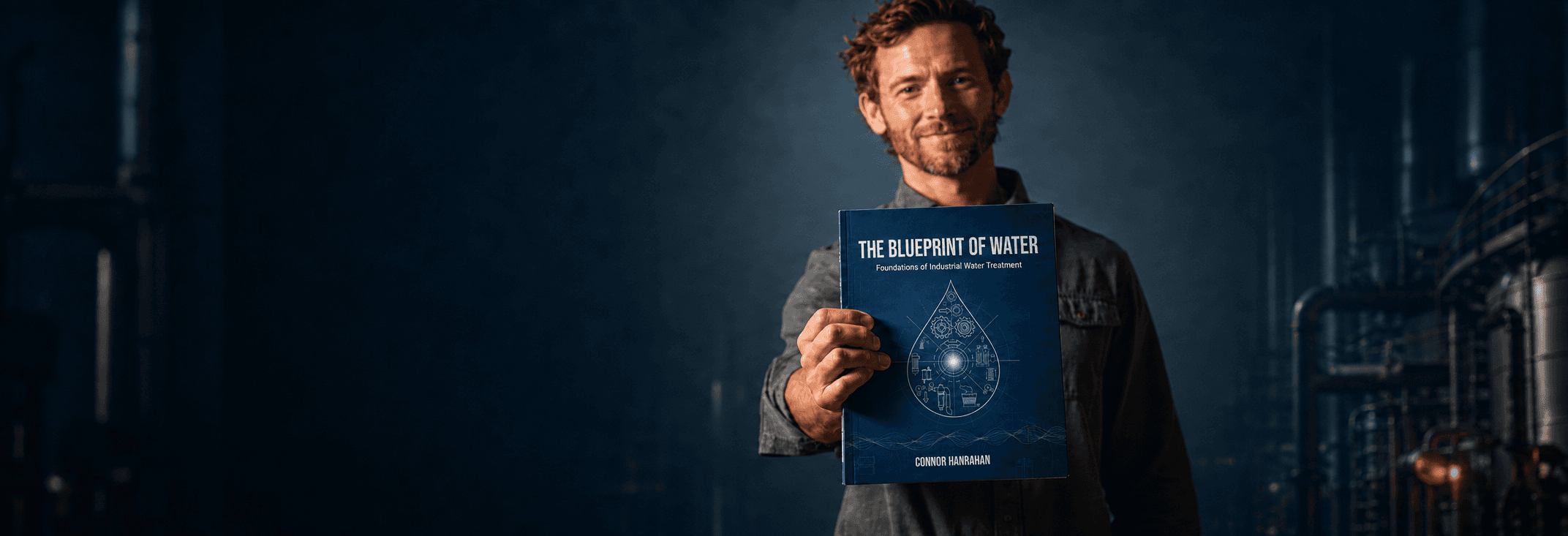 Connor Hanrahan holding the first edition of The Blueprint of Water in a softly lit industrial setting.