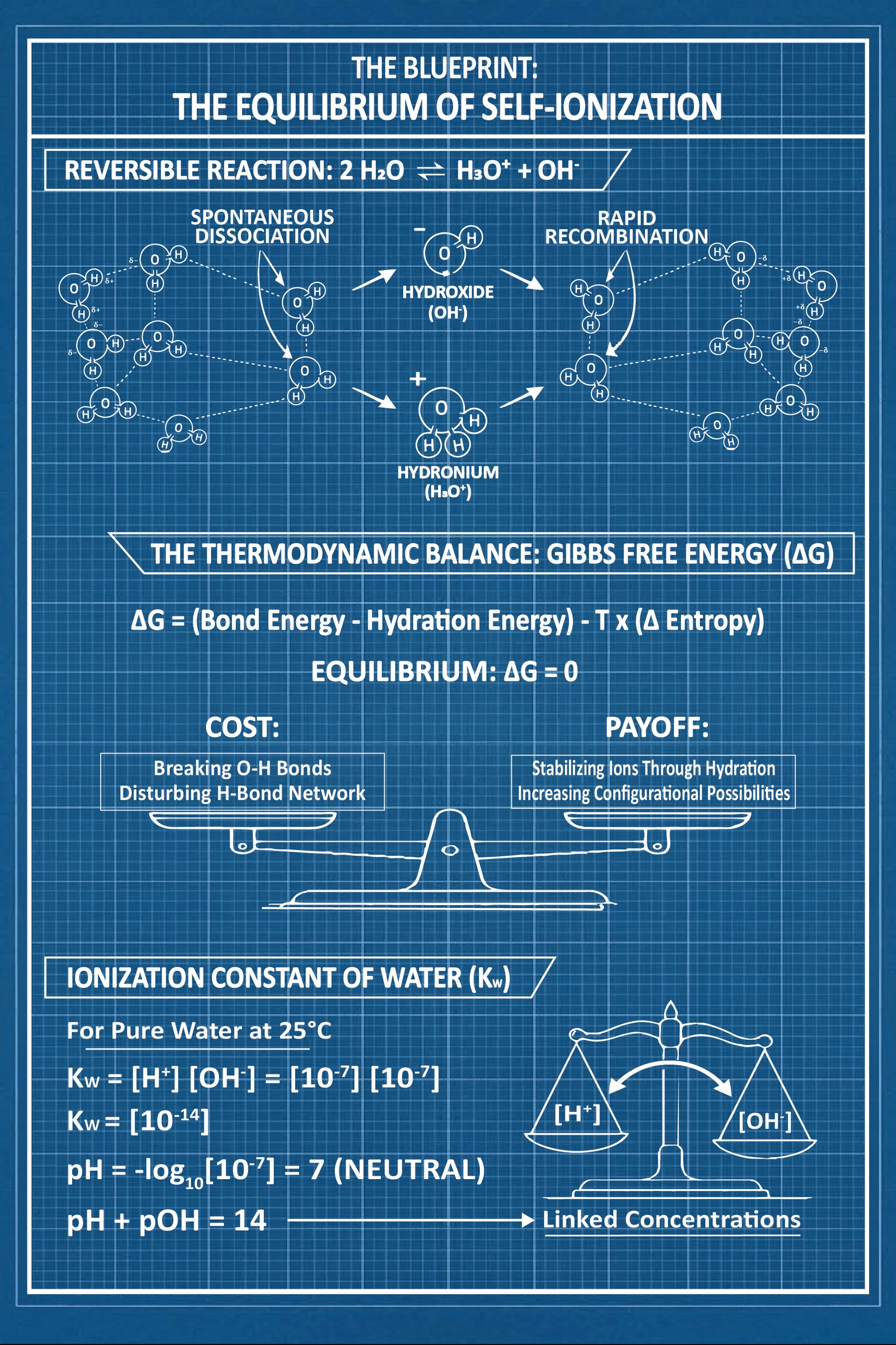A full page blueprint plate carrying the reversible self-ionization reaction, the Gibbs free energy balance behind it, and the ionization constant of water, which puts neutral at pH 7 and holds pH plus pOH at 14.