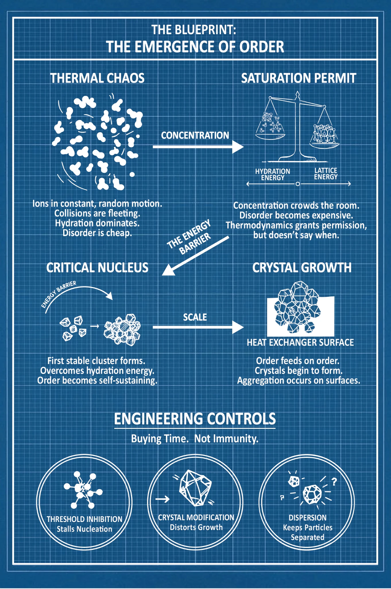 A full page blueprint plate tracing scale from thermal chaos through the saturation permit and the critical nucleus to crystal growth on a heat exchanger surface, ending with three engineering controls described as buying time, not immunity.